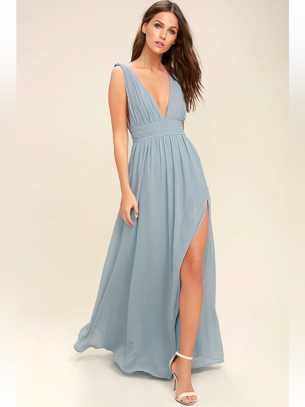 Lulus Heavenly Hues Light Blue Grecian Style Maxi Dress With Slit Size L NWOT